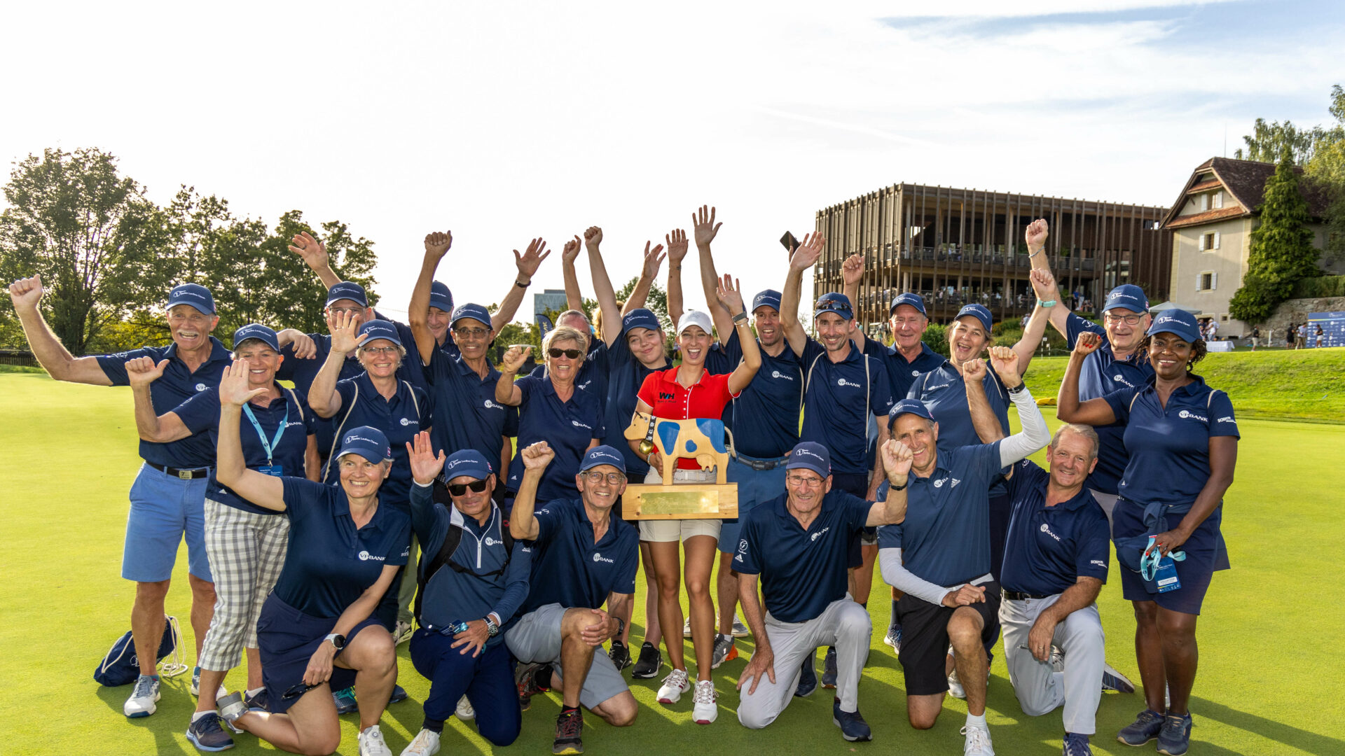 17/09/2023. Ladies European Tour. VP Bank Swiss Ladies Open, Golfpark Holzhusern, Ennetsee, Switzerland, 15-17 September. Alexandra Fosterling of Germany with the trophy and helpers. Credit: Tristan Jones / LET tour news