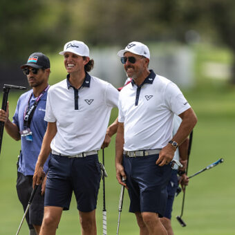 DORAL, FLORIDA - APRIL 03: Captain Phil Mickelson of HyFlyers GC and Grant Horvat are seen during previews for LIV Golf Miami at Trump National Doral Miami on April 03, 2025 in Doral, Florida. (Photo by Lauren Sopourn/Getty Images